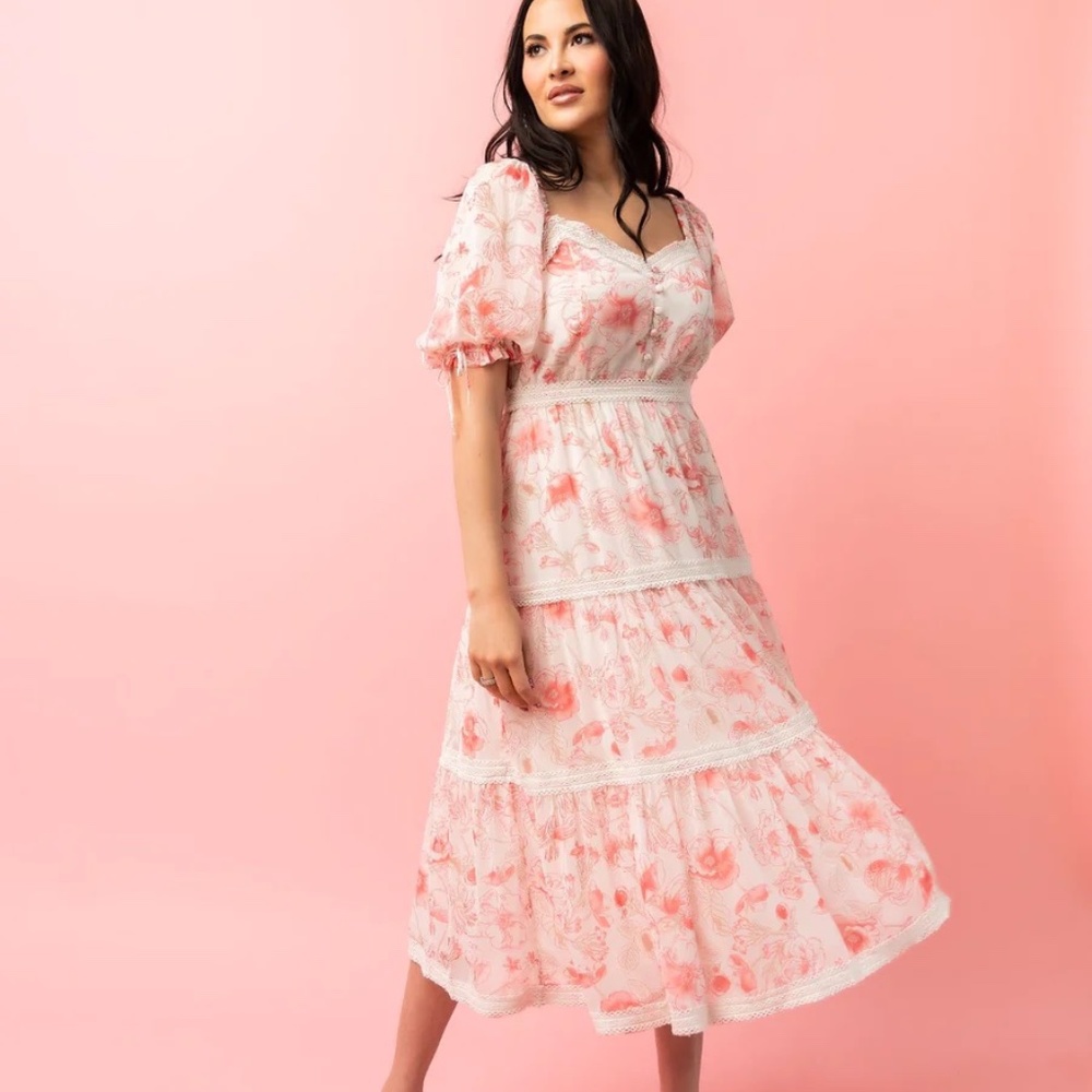 Puff Sleeve Tiered Chiffon Midi Dress - Pink Floral